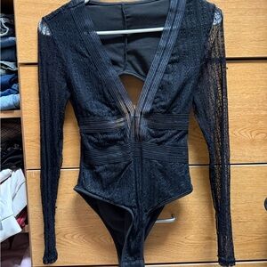 SHEIN Black Lace Long Sleeve Bodysuit